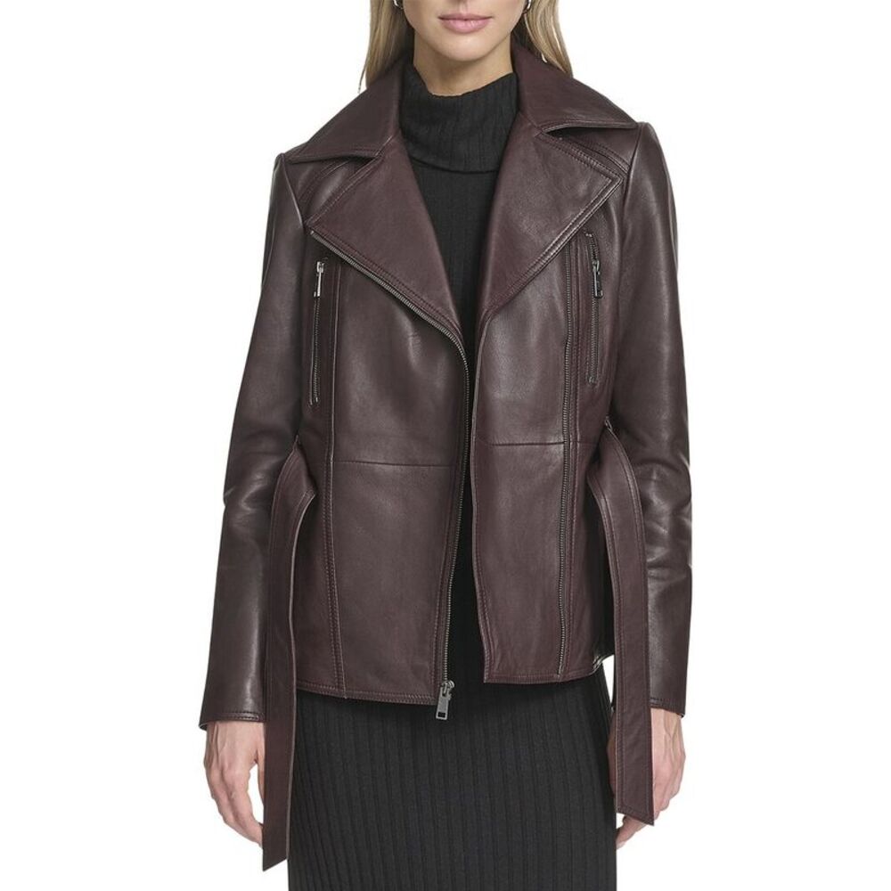 Andrew Marc Womens  Violet Belted Leather Moto Jacket, Red